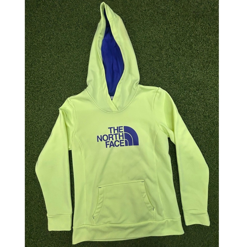 The North Face Womens Neon Yellow Purple Logo Hoodie Fleece Sweatshirt Medium